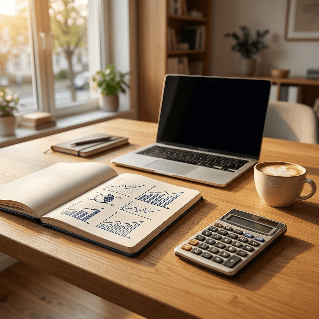 Schreibtisch mit Unterlagen, Taschenrechner und Notizen zur Analyse